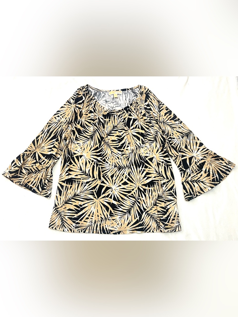 Michael Kors Women's Black and Tan Fall Palm-Leaf Print Bell-Sleeve Top Large - Picture 1 of 16
